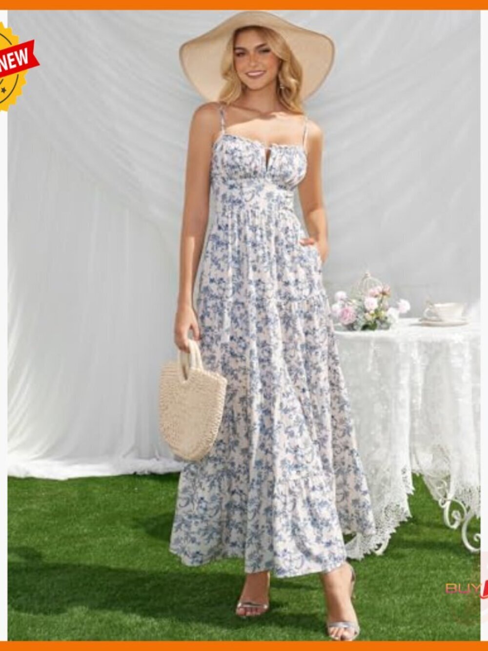 Spaghetti Strap Maxi Dress with Pockets, A-Line, Smocked, Wedding Guest - Picture 3 of 7